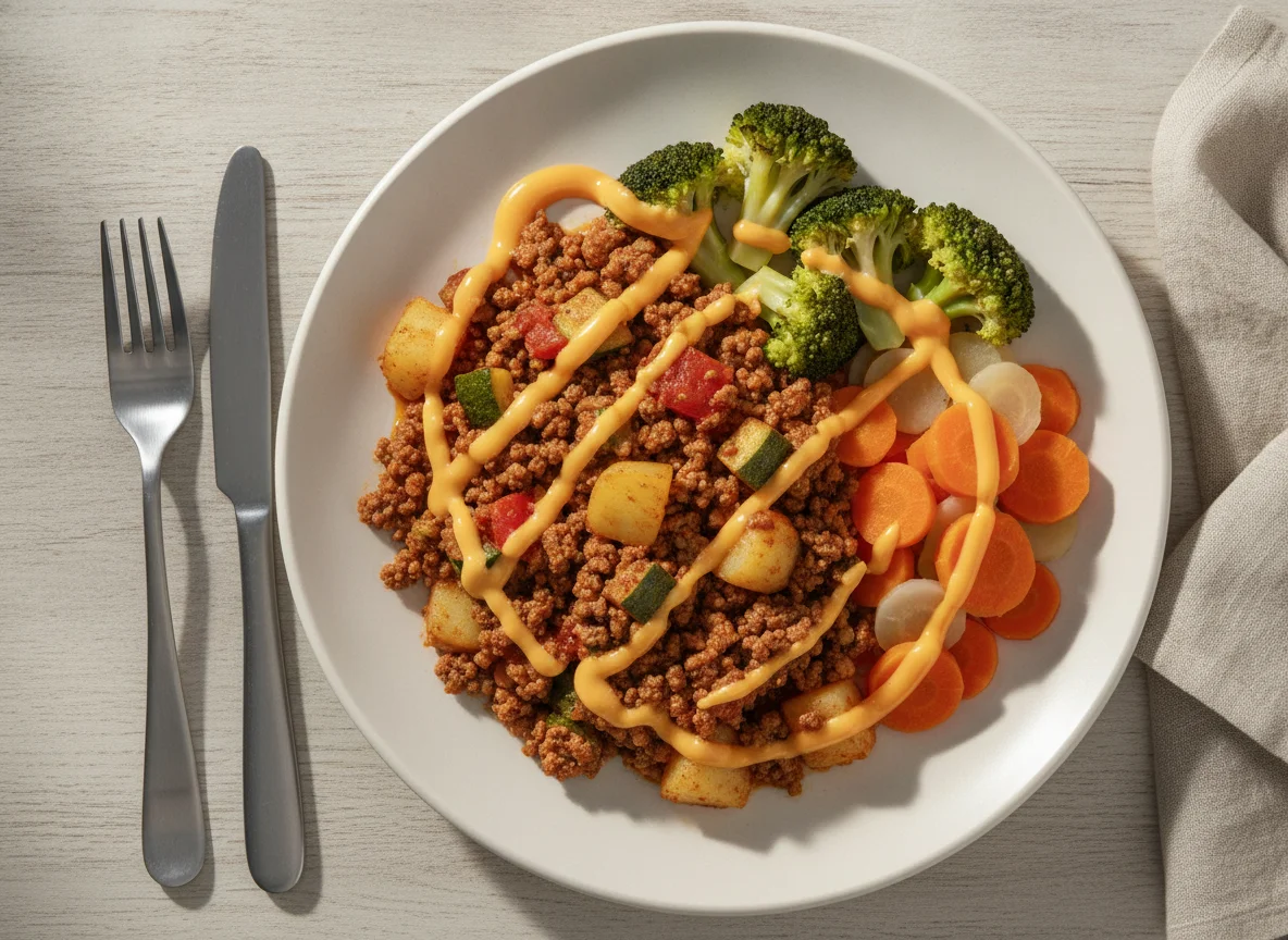 Carne moída com legumes e brócolis photo