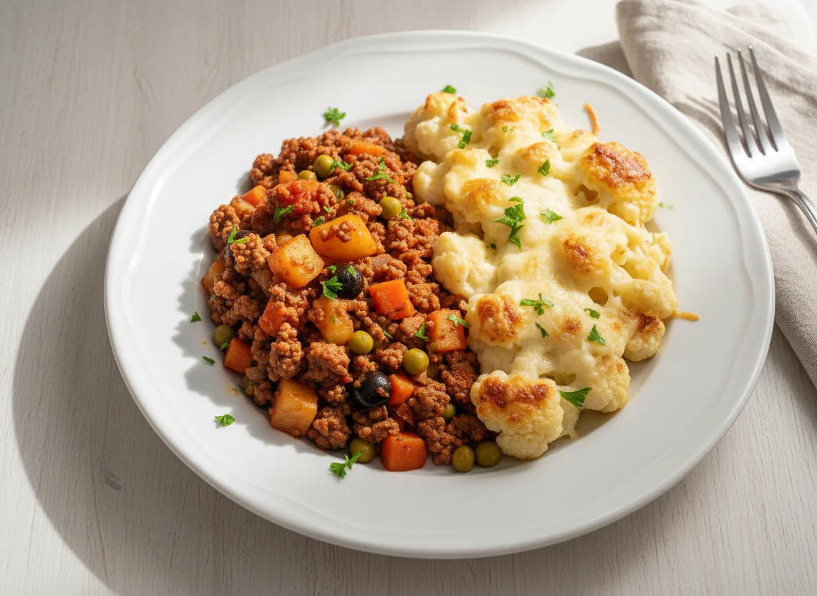 Carne moída com legumes e couve-flor gratinada photo