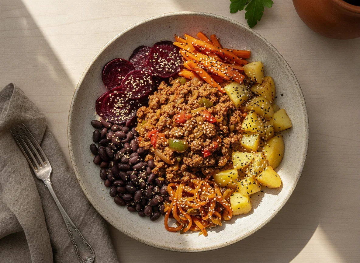 Carne moída com legumes e gergelim photo