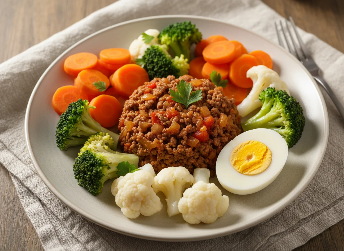 Carne moída com legumes e ovo photo
