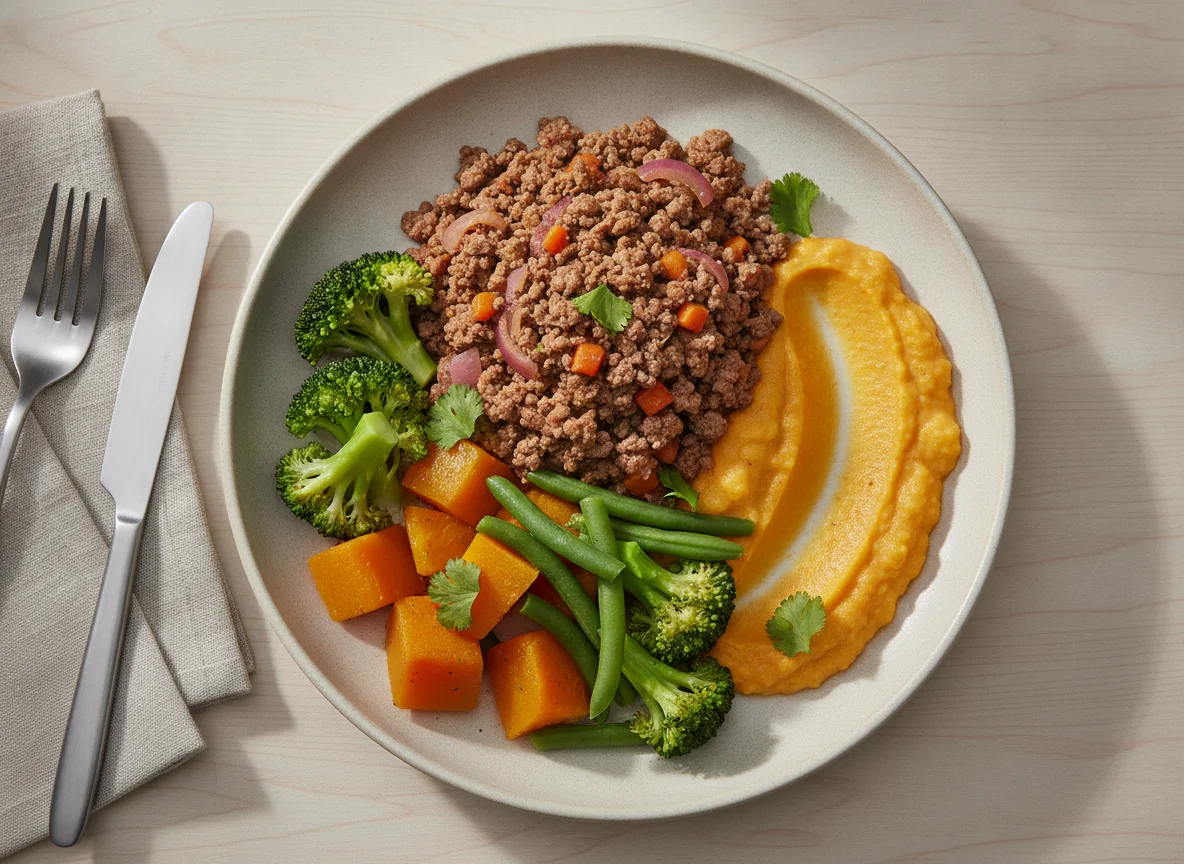 Carne moída com legumes e purê de abóbora photo