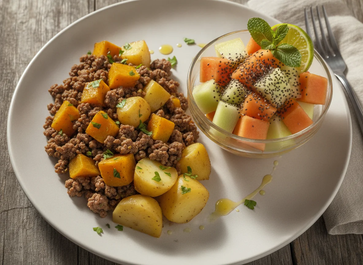 Carne moída com legumes e salada de frutas com chia photo