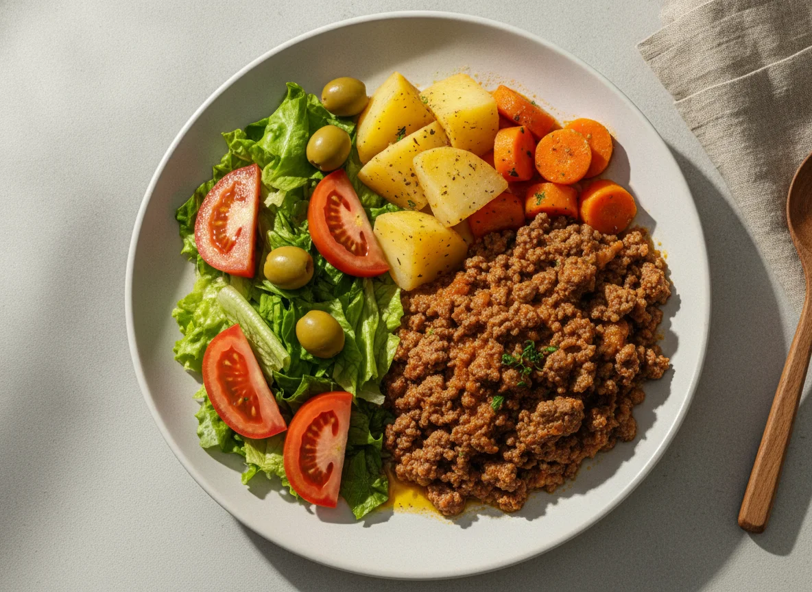 Carne moída com legumes e salada photo