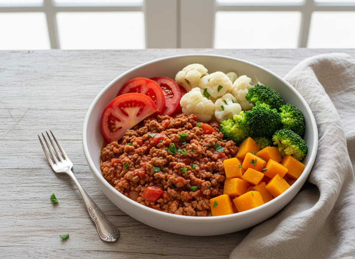Carne moída com legumes e tomate photo
