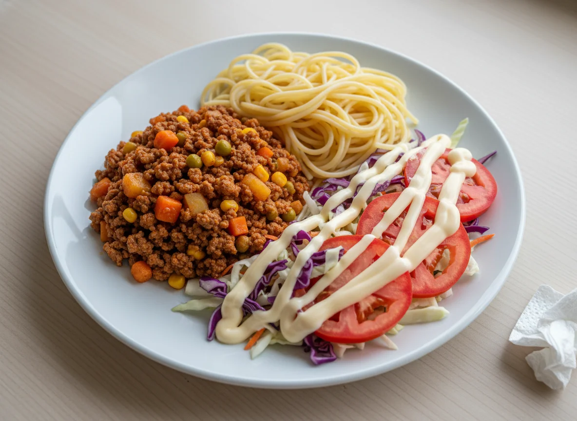 Carne moída com macarrão e salada photo