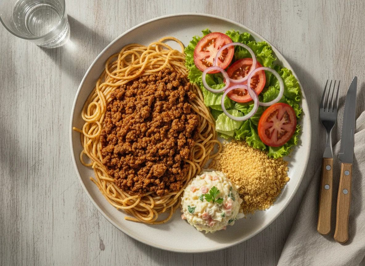 Carne moída com macarrão, salada de maionese e salada fresca photo