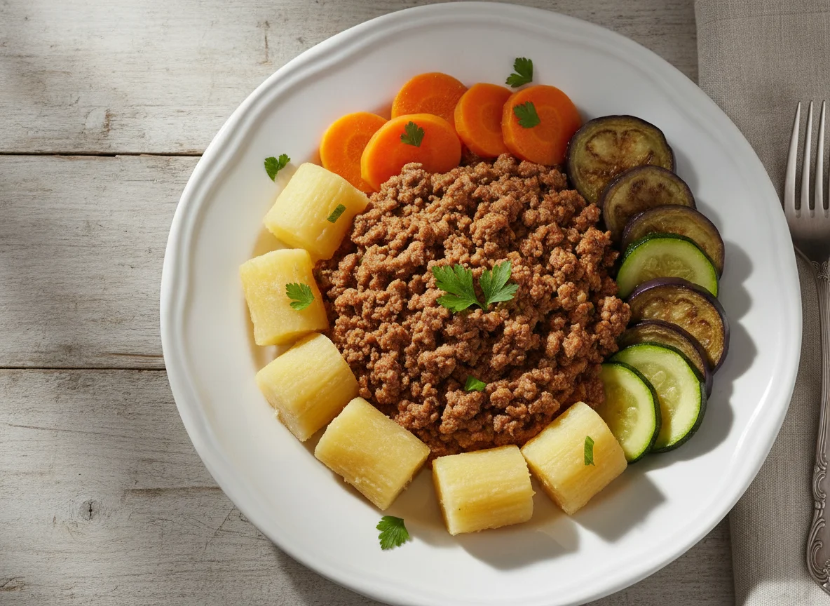 Carne moída com mandioca e legumes photo