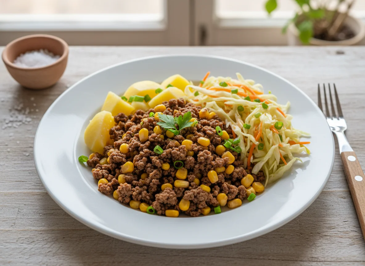 Carne moída com milho, batatas e salada de repolho photo