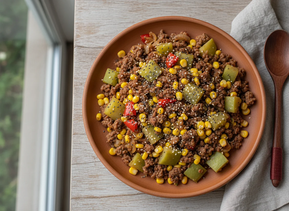 Carne moída com milho e chuchu com sementes photo