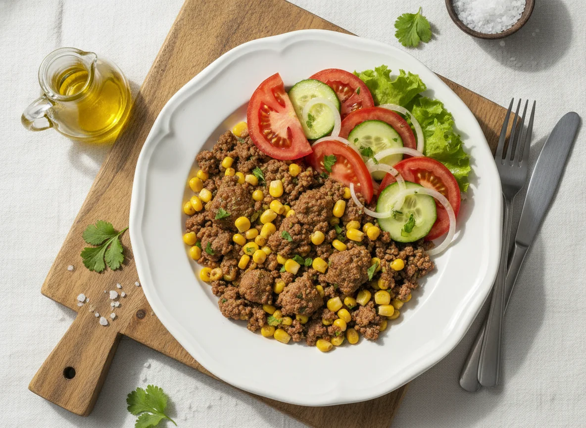 Carne moída com milho e salada photo