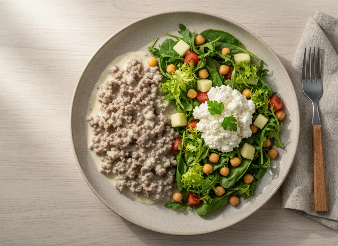 Carne moída com molho branco, salada de grão-de-bico e queijo cottage photo