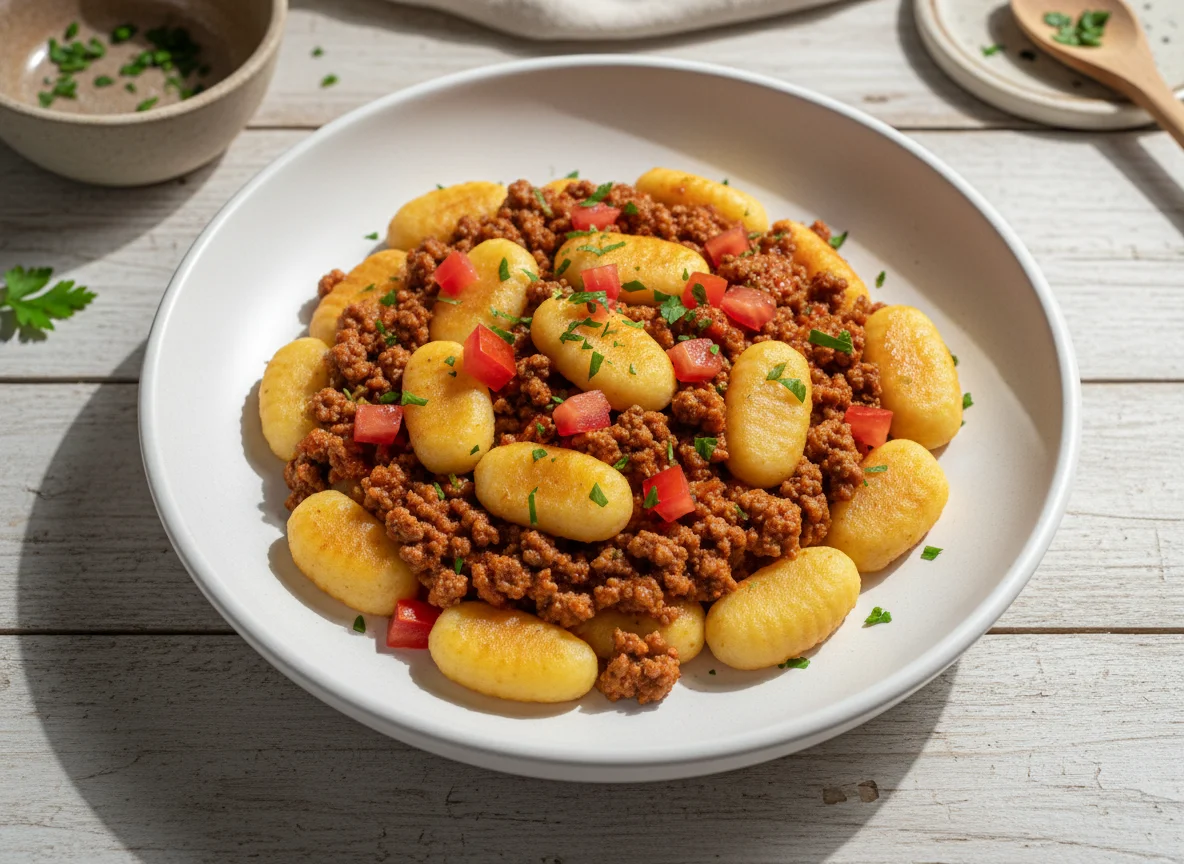 Carne moída com nhoque de mandioquinha photo