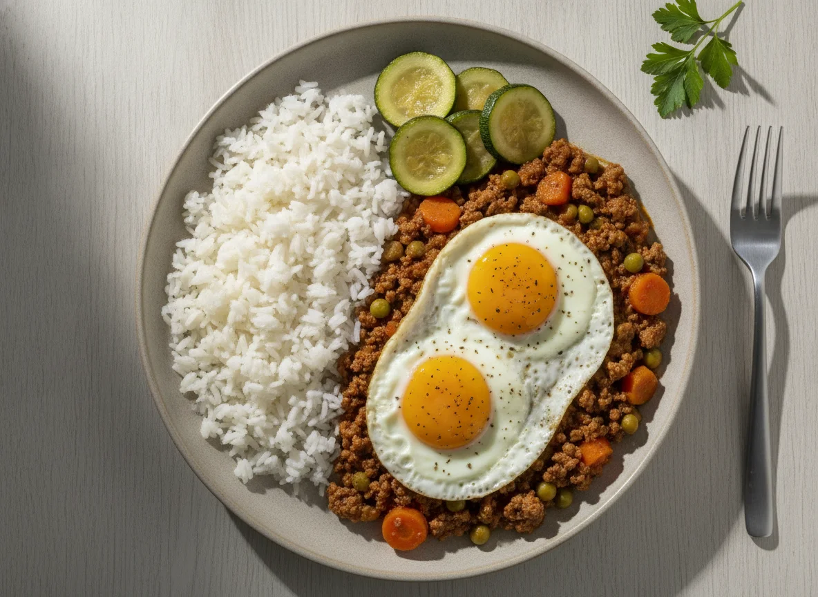 Carne moída com ovos, arroz e legumes photo
