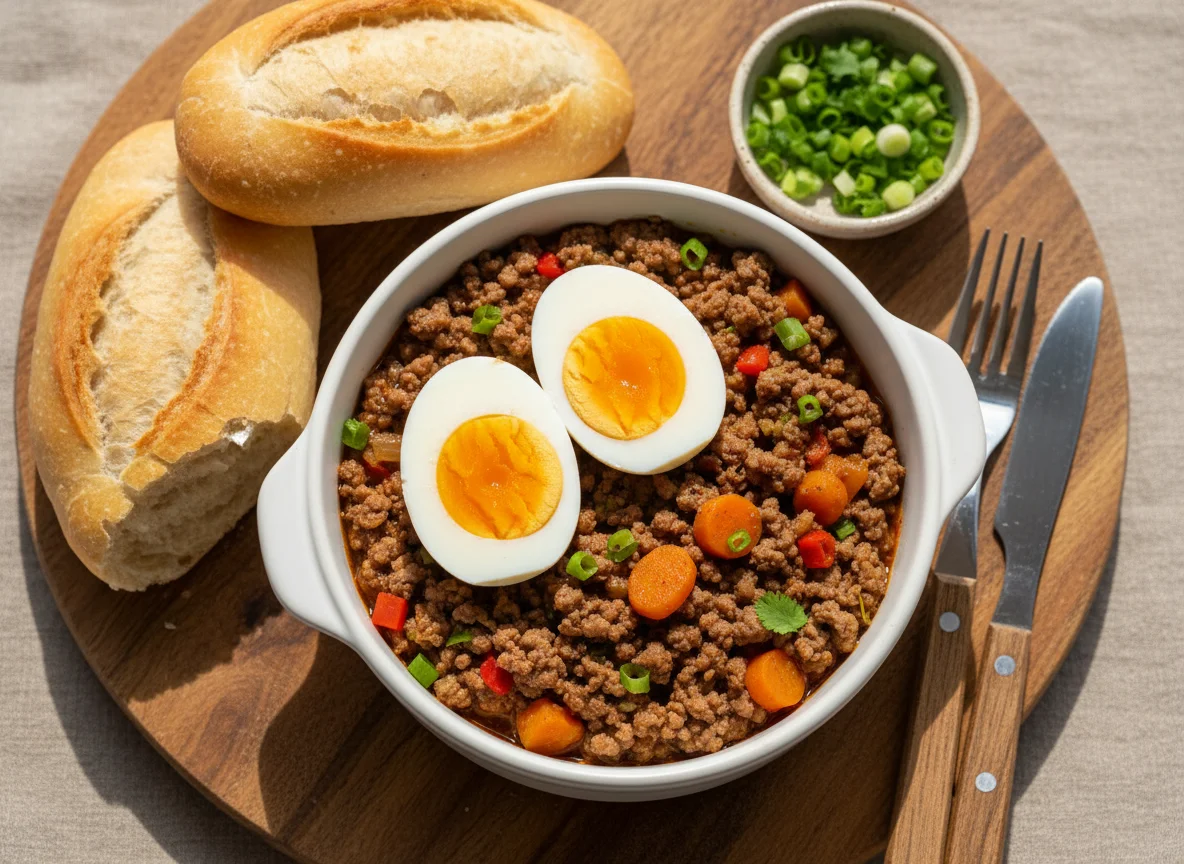 Carne moída com ovos cozidos e cenoura photo