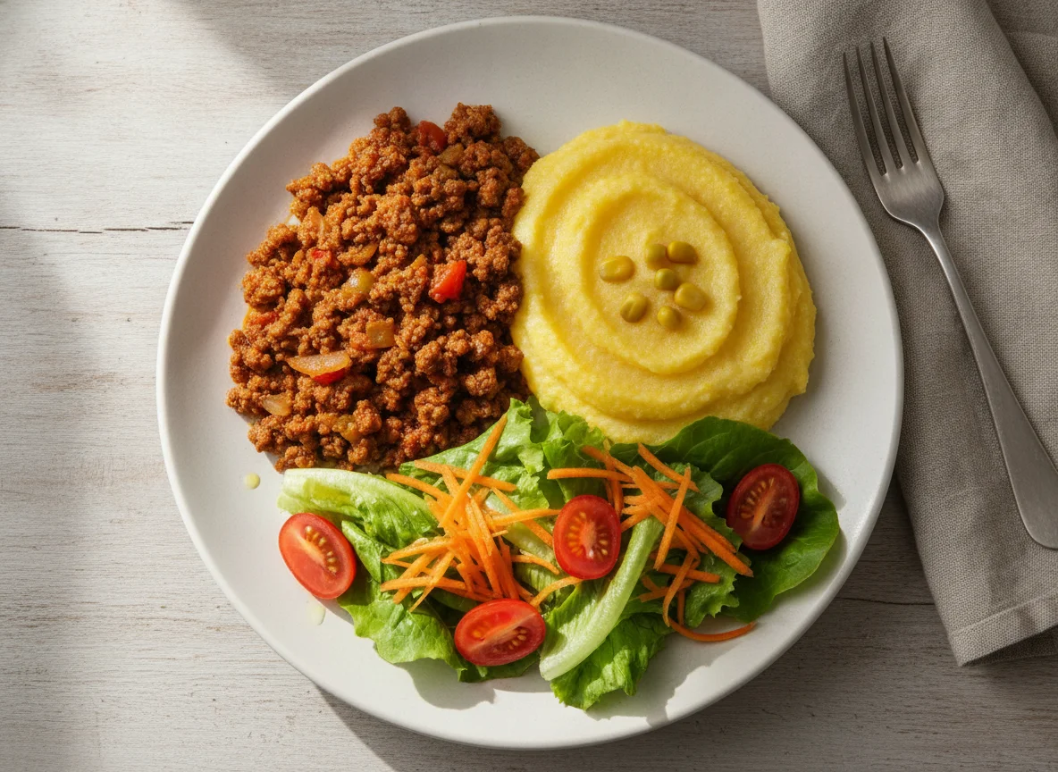 Carne moída com polenta e salada photo