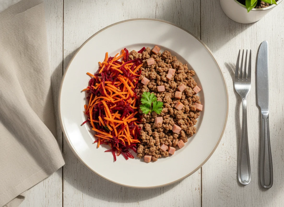 Carne moída com presunto e salada de beterraba e cenoura photo