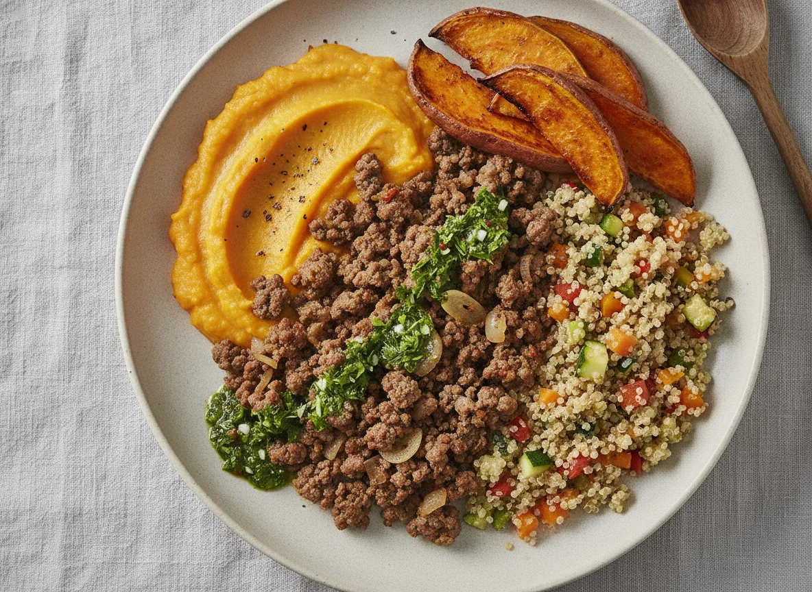 Carne moída com purê de abóbora, batata doce e quinoa photo