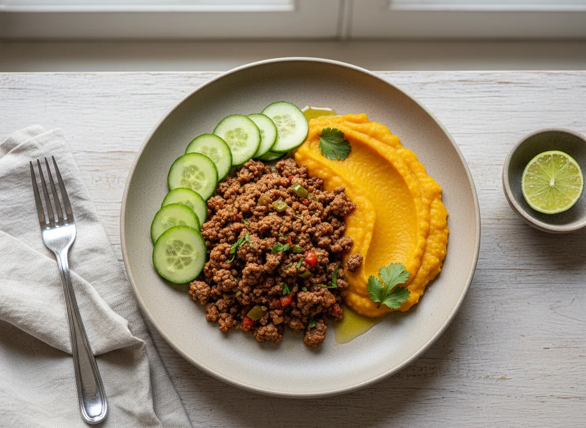 Carne moída com purê de abóbora e pepino photo