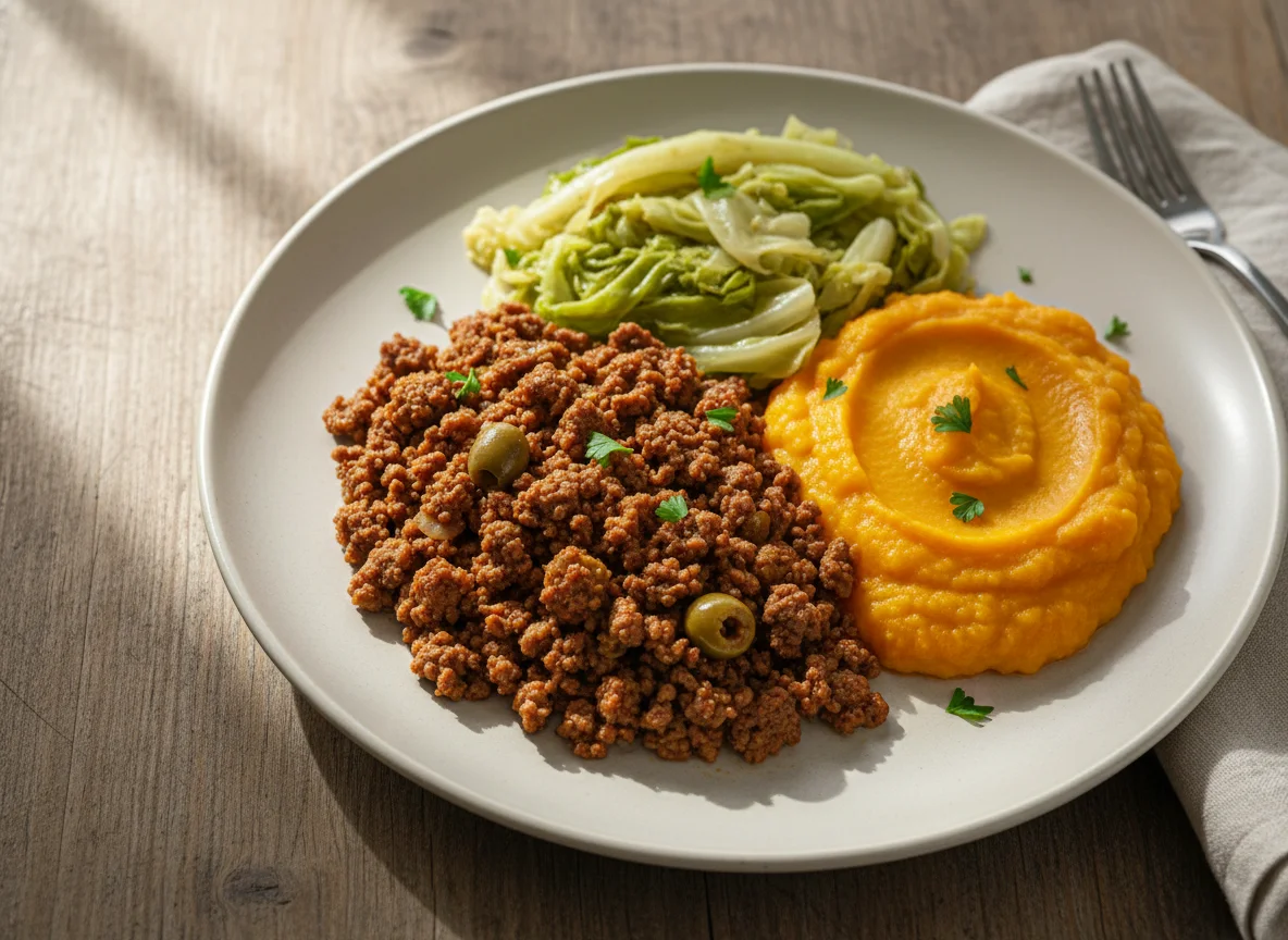Carne moída com purê de abóbora e repolho photo