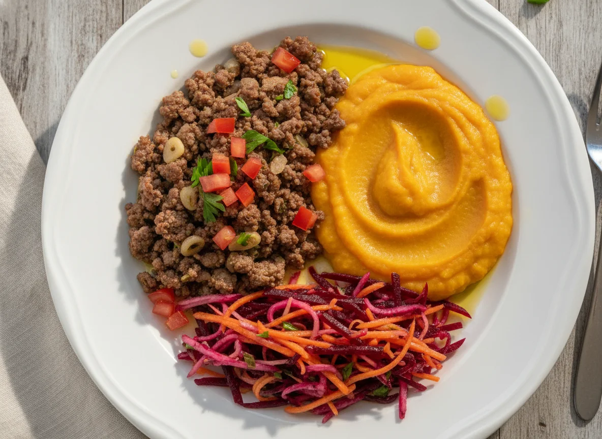 Carne moída com purê de abóbora e salada de beterraba e cenoura photo