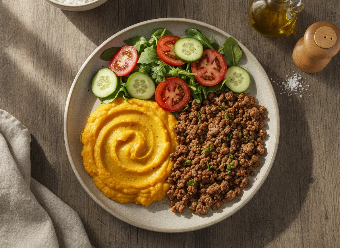 Carne moída com purê de abóbora e salada photo