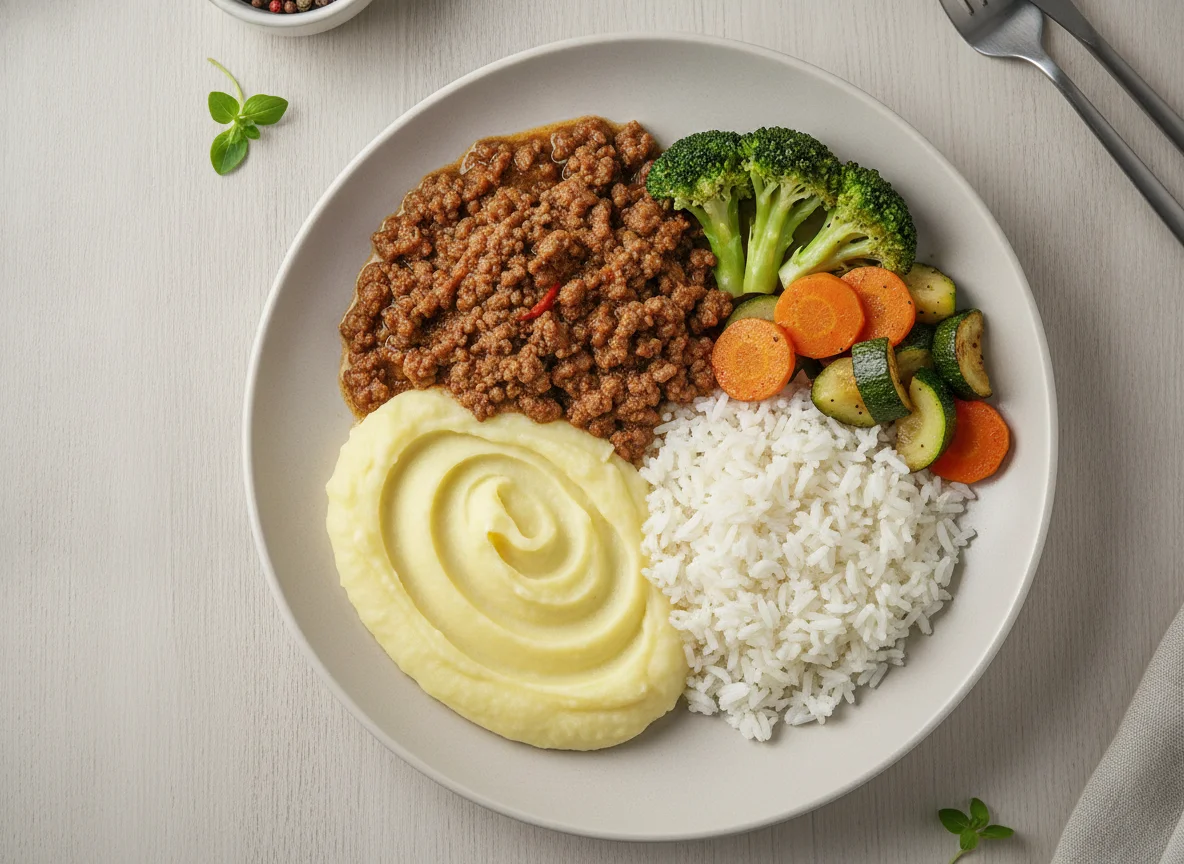 Carne moída com purê de batata, arroz e legumes photo