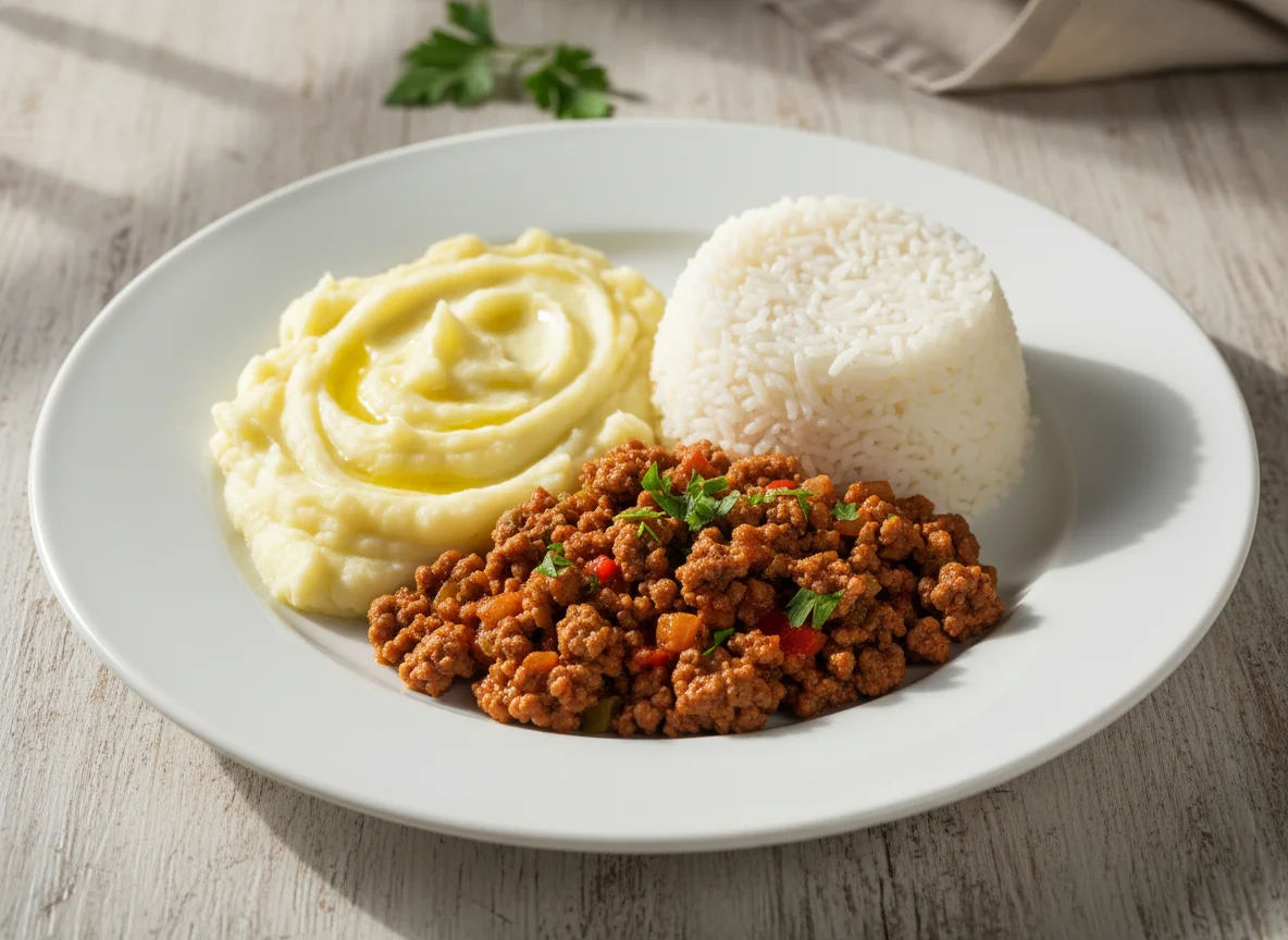 Carne moída com purê de batata e arroz photo