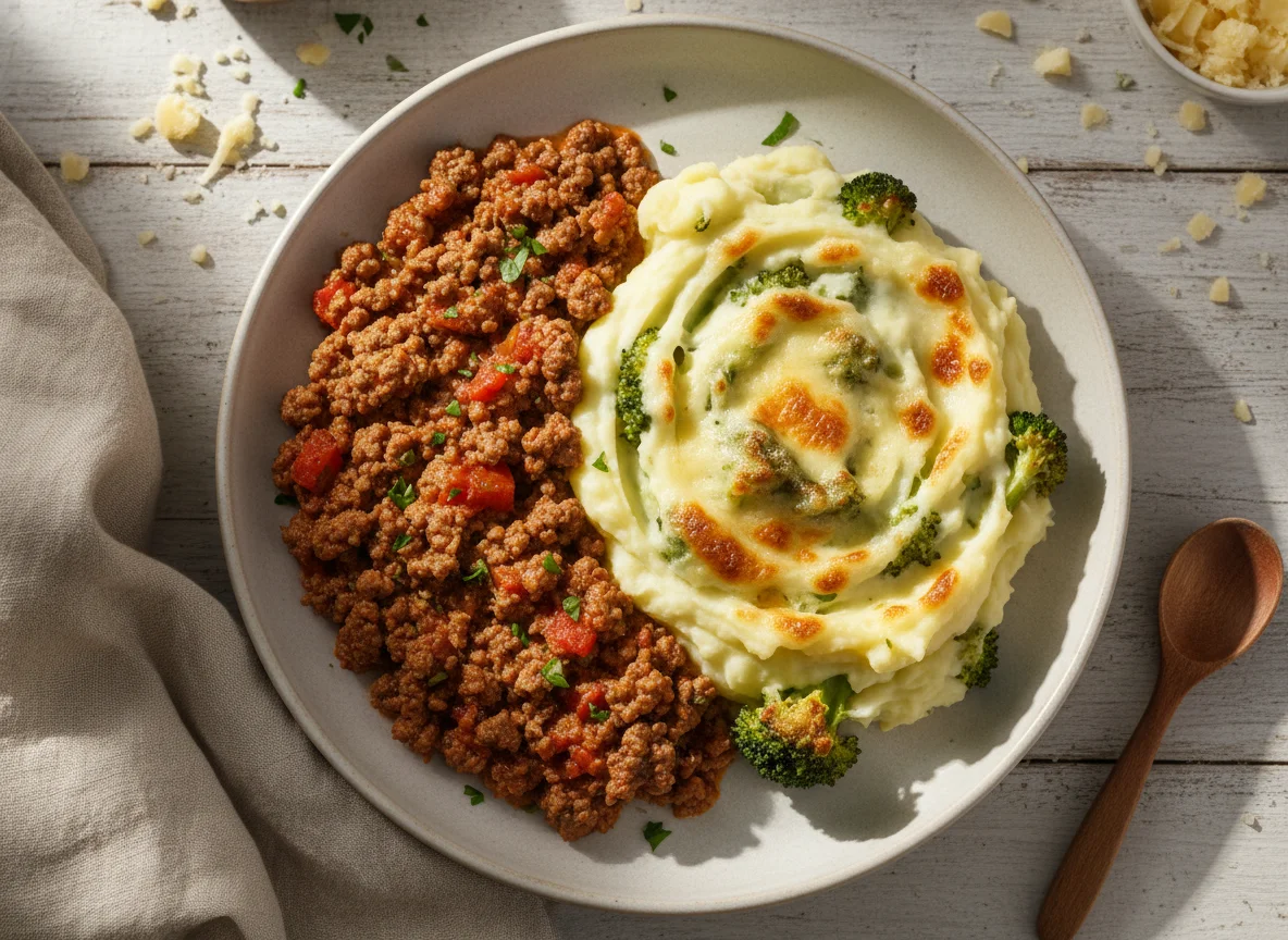 Carne moída com purê de batata e brócolis gratinado photo