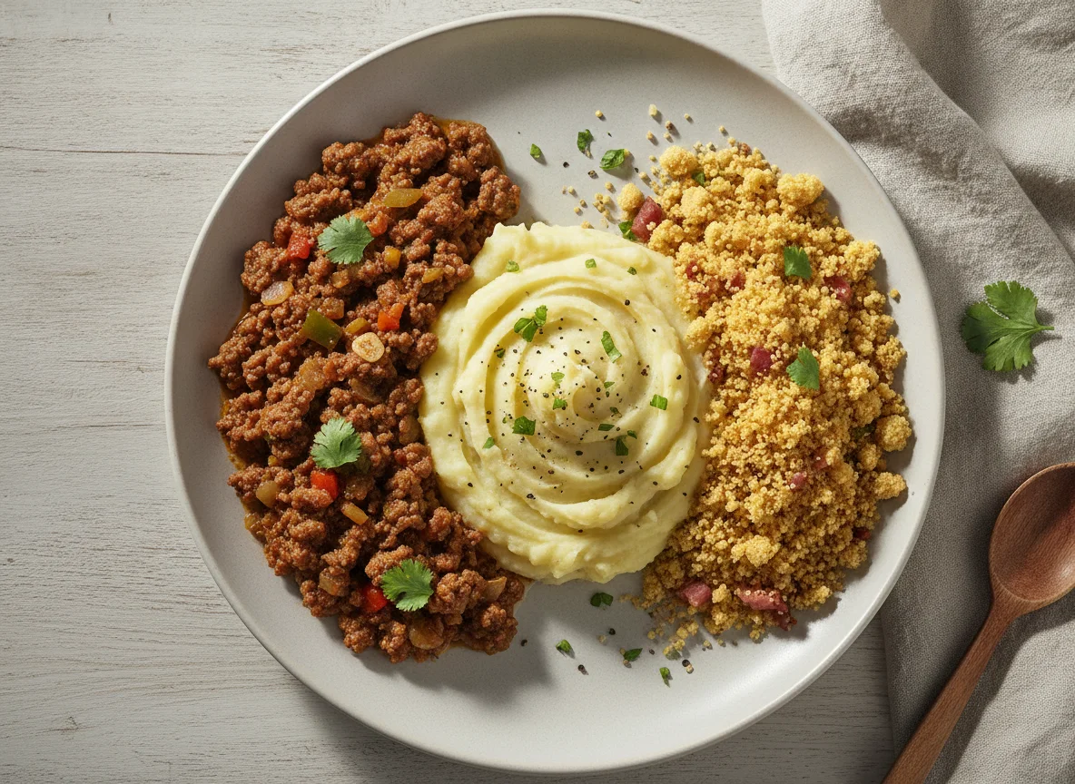 Carne moída com purê de batata e farofa photo