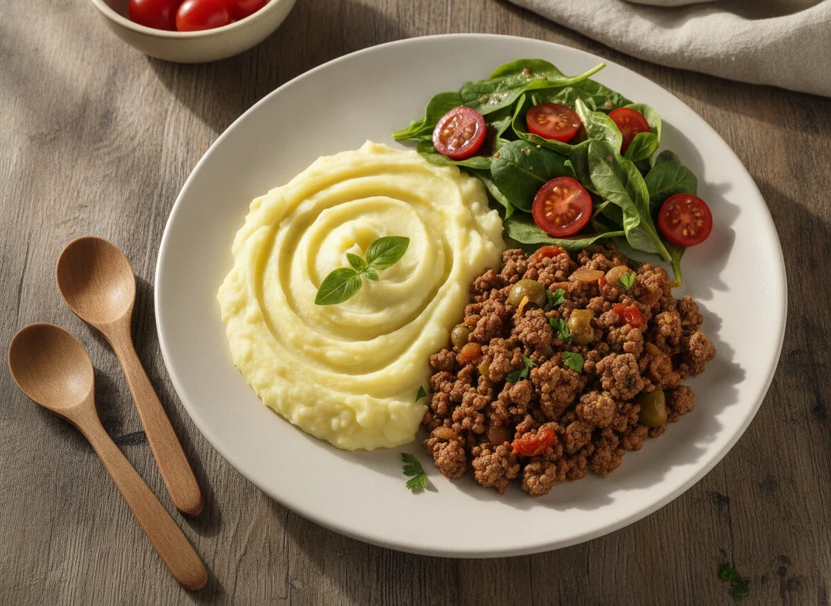 Carne moída com purê de batata e salada photo