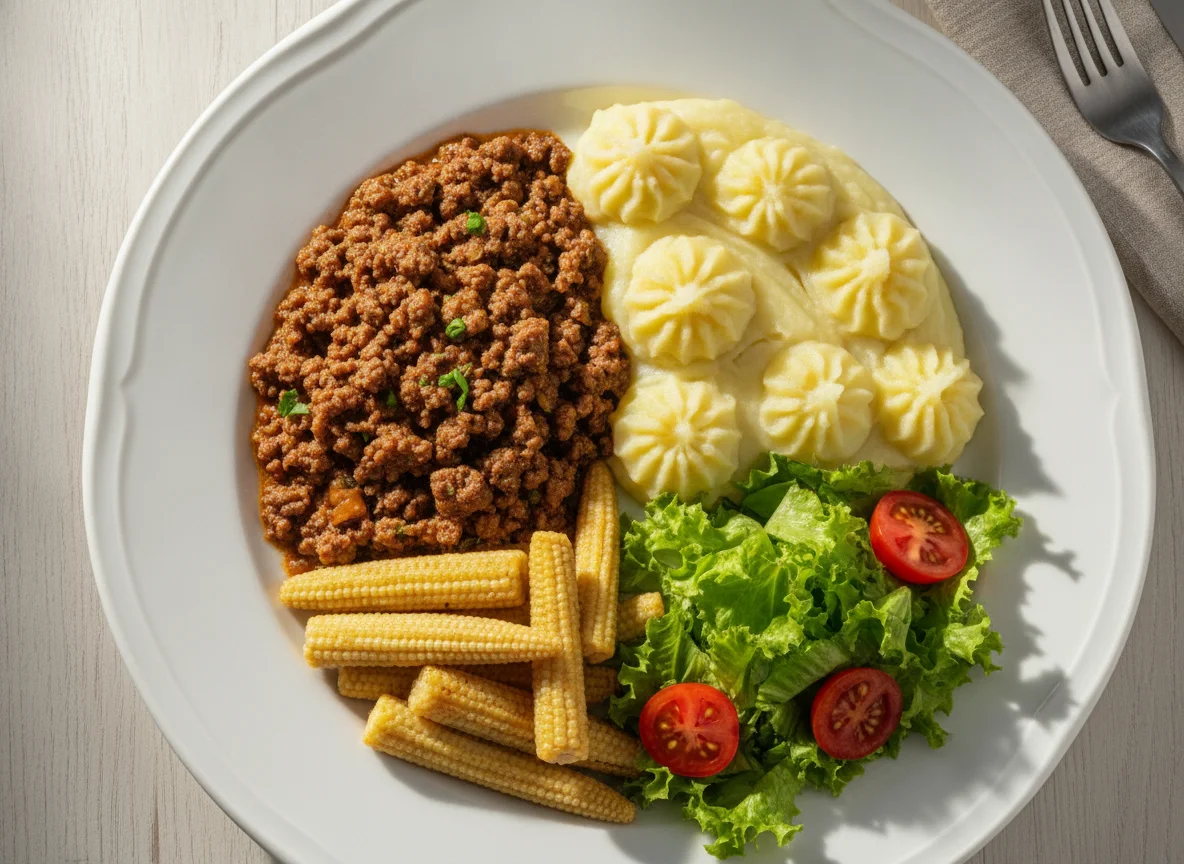 Carne moída com purê de batata, mini milho e salada photo