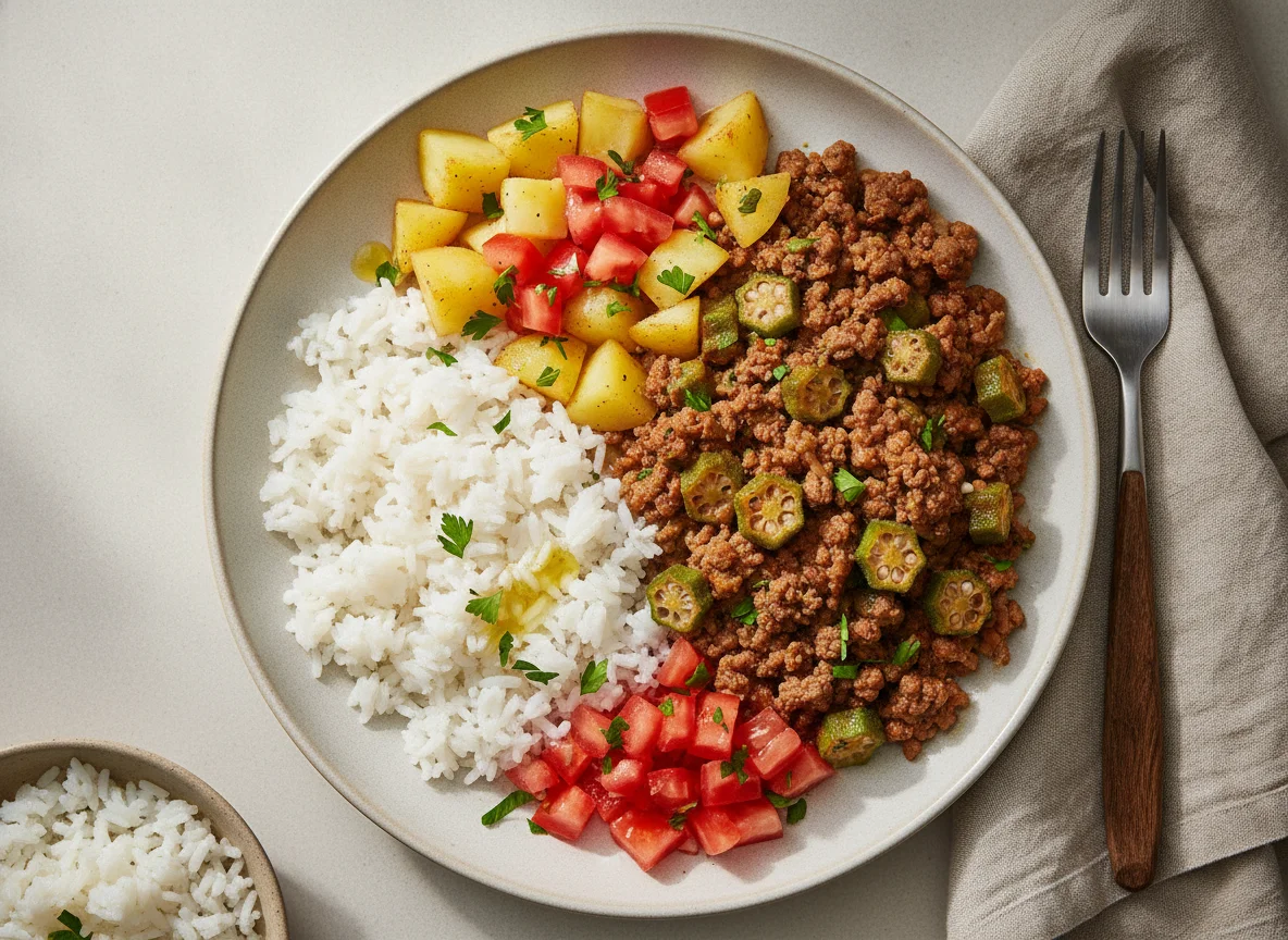 Carne moída com quiabo, arroz, batata e tomate photo