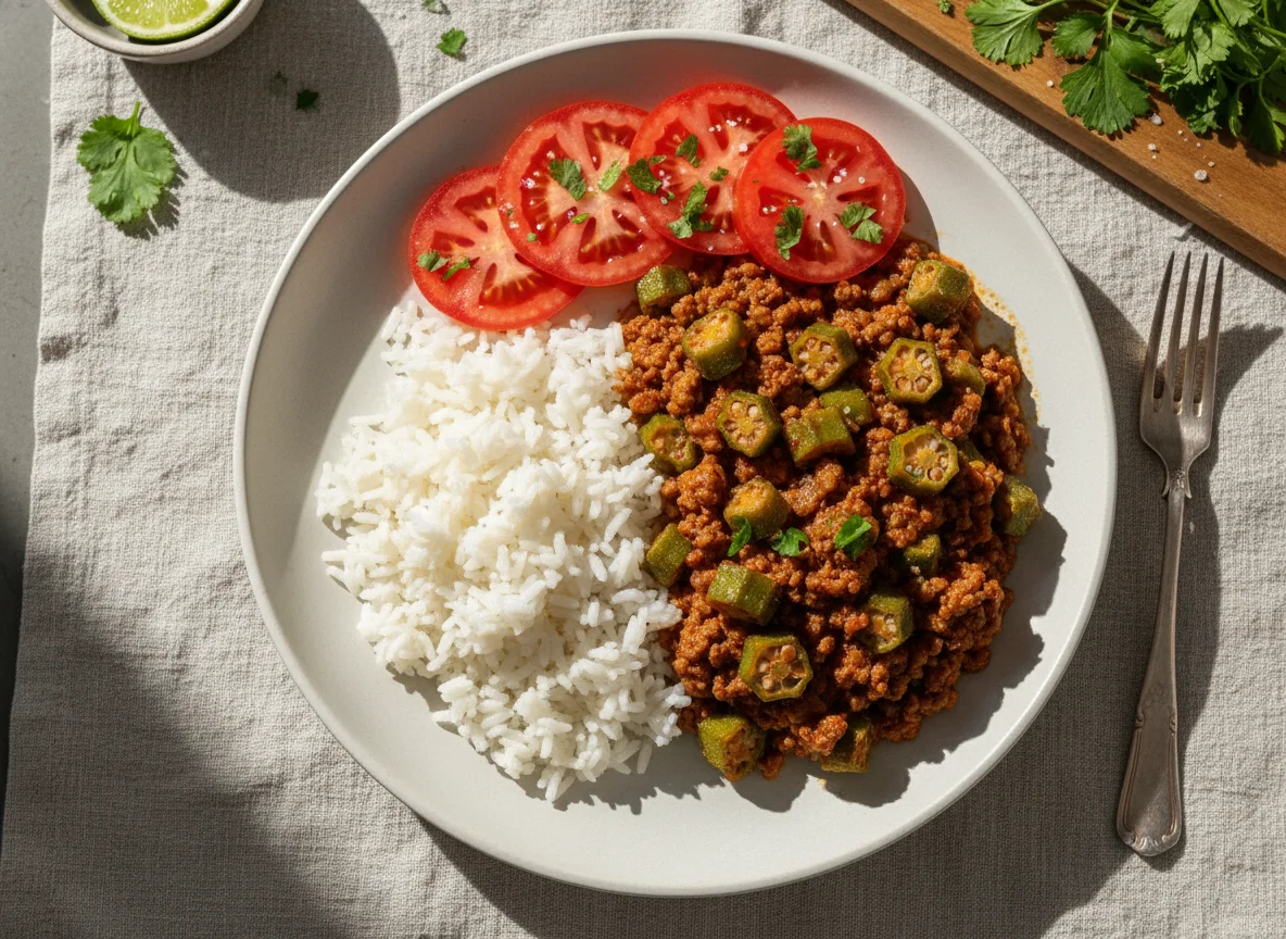 Carne moída com quiabo, arroz e tomate photo