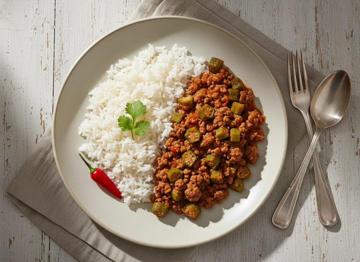 Carne Moída com Quiabo e Arroz photo
