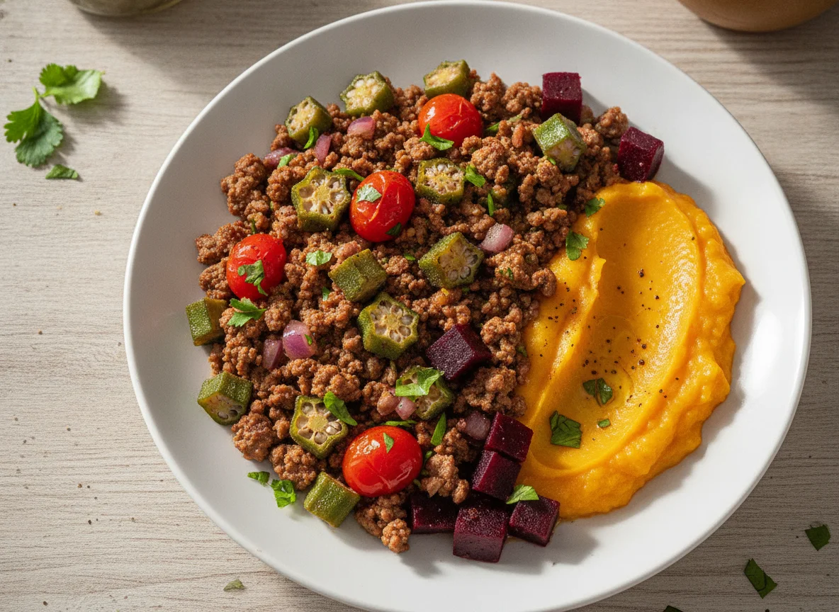 Carne moída com quiabo, tomate cereja, beterraba e purê de abóbora photo