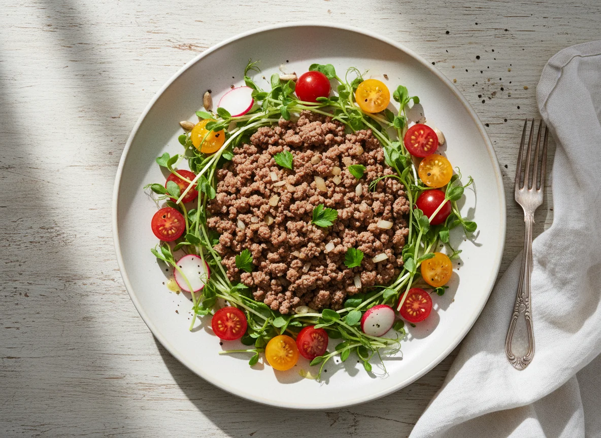 Carne moída com salada de brotos e tomate cereja photo