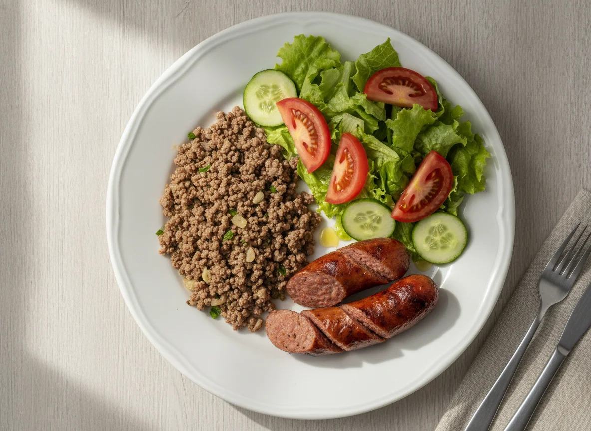 Carne moída com salada e linguiça photo