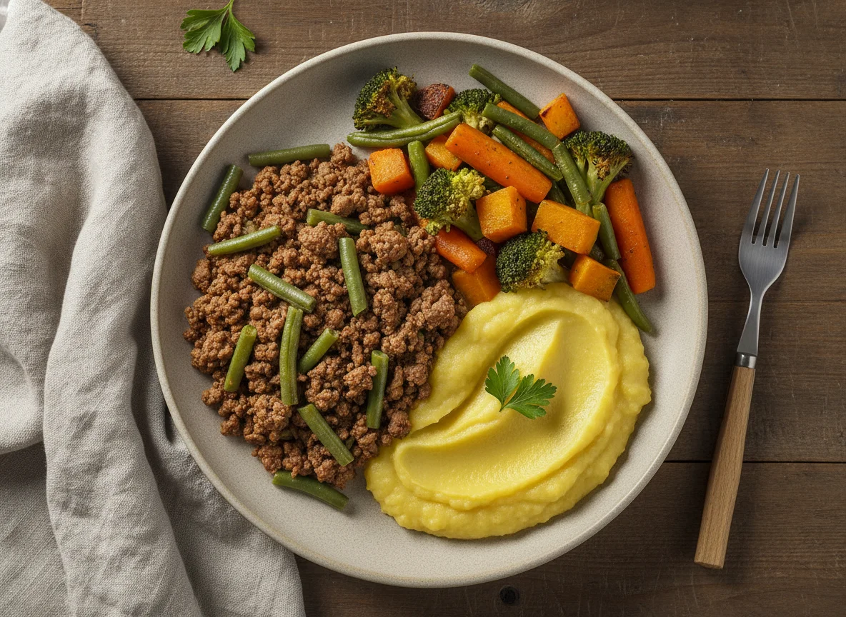 Carne moída com vagem, purê de mandioquinha e legumes assados photo