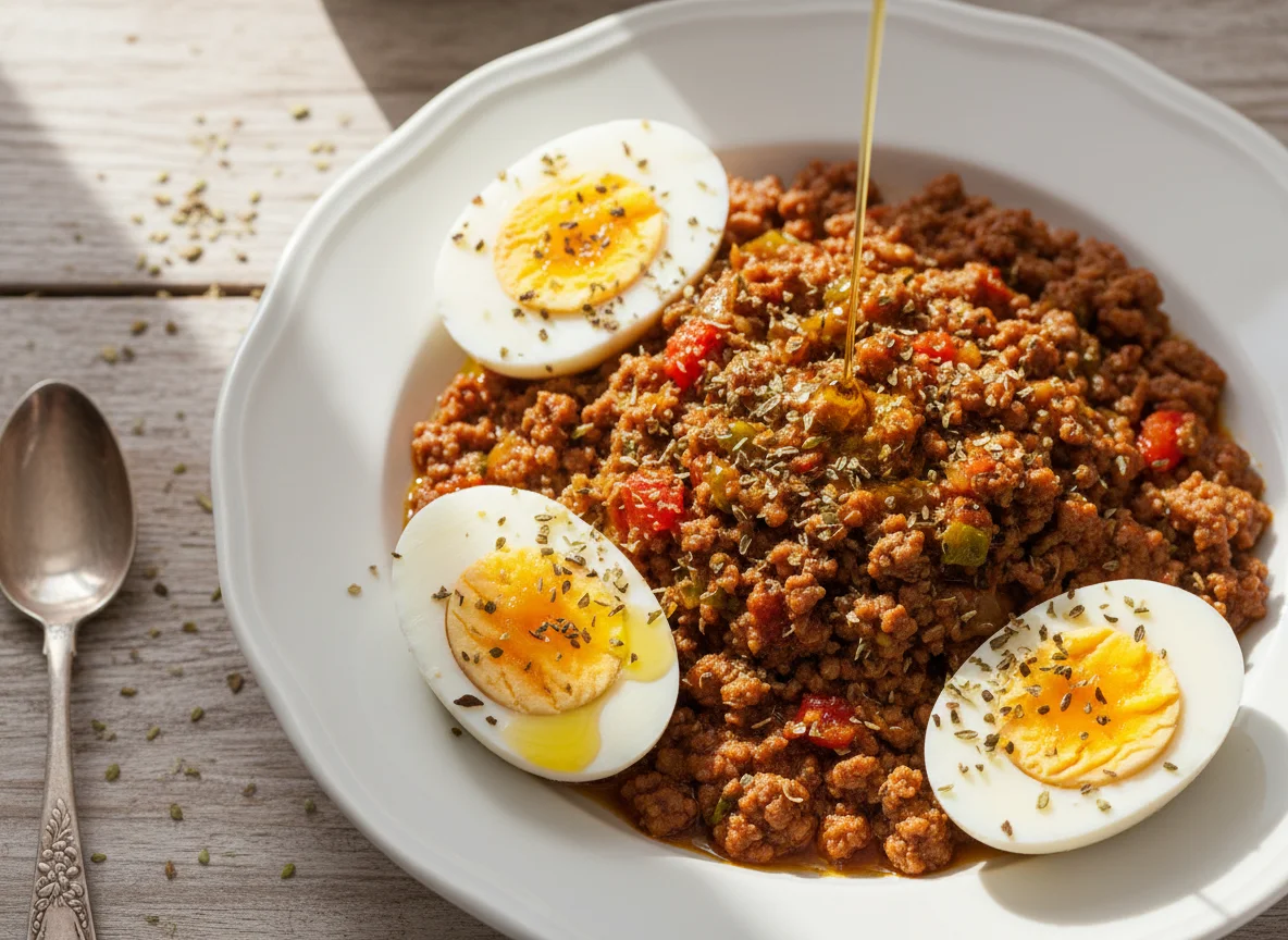 Carne moída e ovos cozidos photo