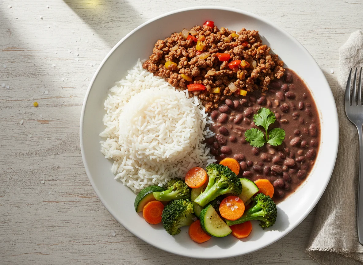 Carne moída, mix de legumes, arroz branco, feijão photo
