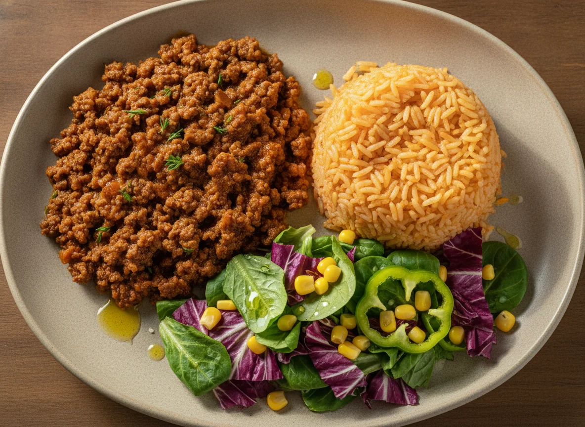 Carne picada com arroz de cenoura e salada mista photo