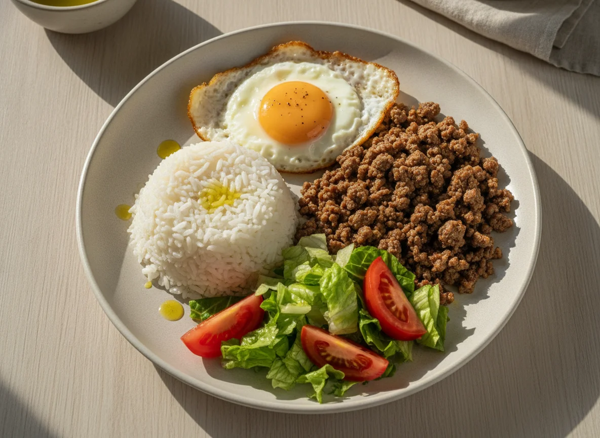 Carne picada com arroz, ovo estrelado e salada photo