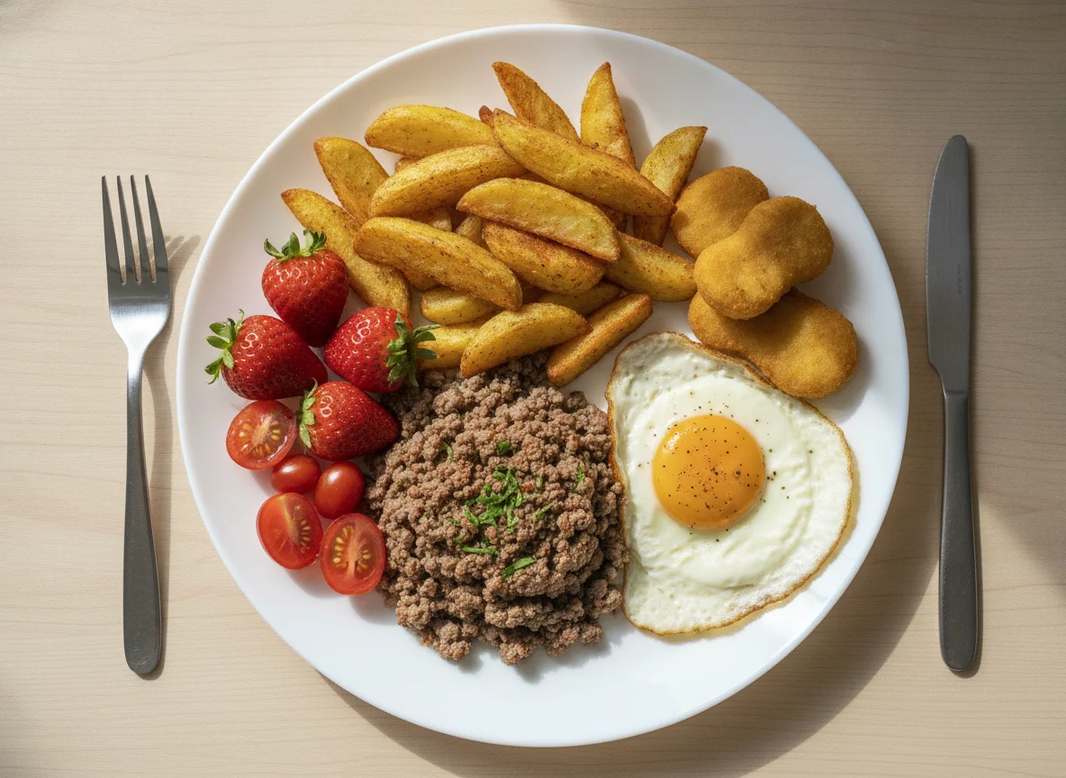 Carne picada com batatas na air fryer, ovo frito e fruta photo