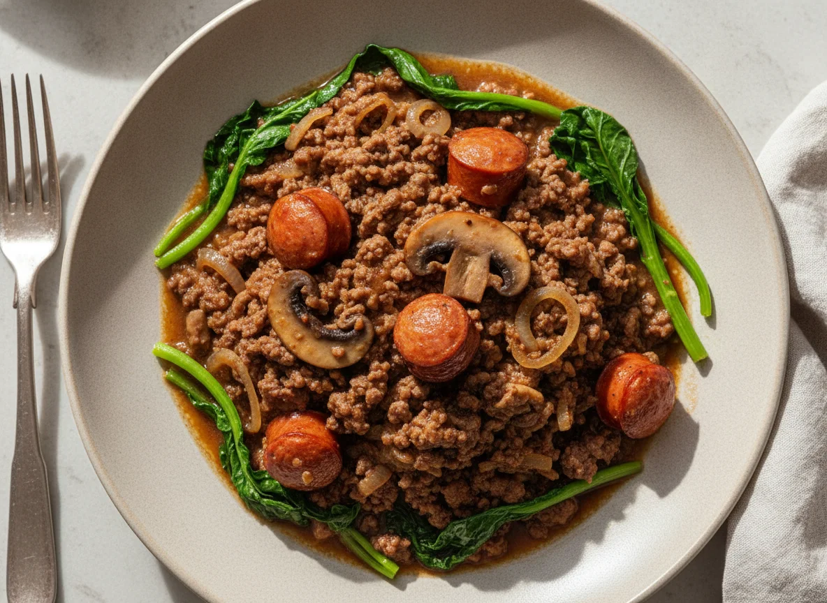 Carne picada com salsichas e grelos photo