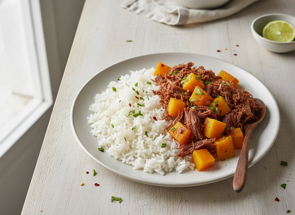 Carne seca com abóbora e arroz photo