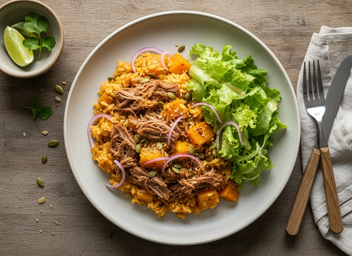 Carne seca com arroz de abóbora e alface photo