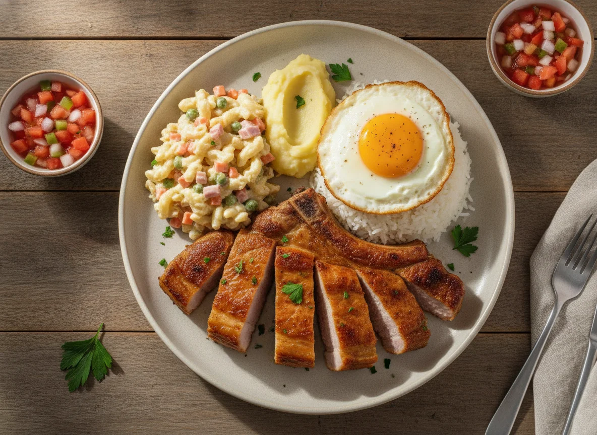 Carré assado com salada de macarrão e maionese photo