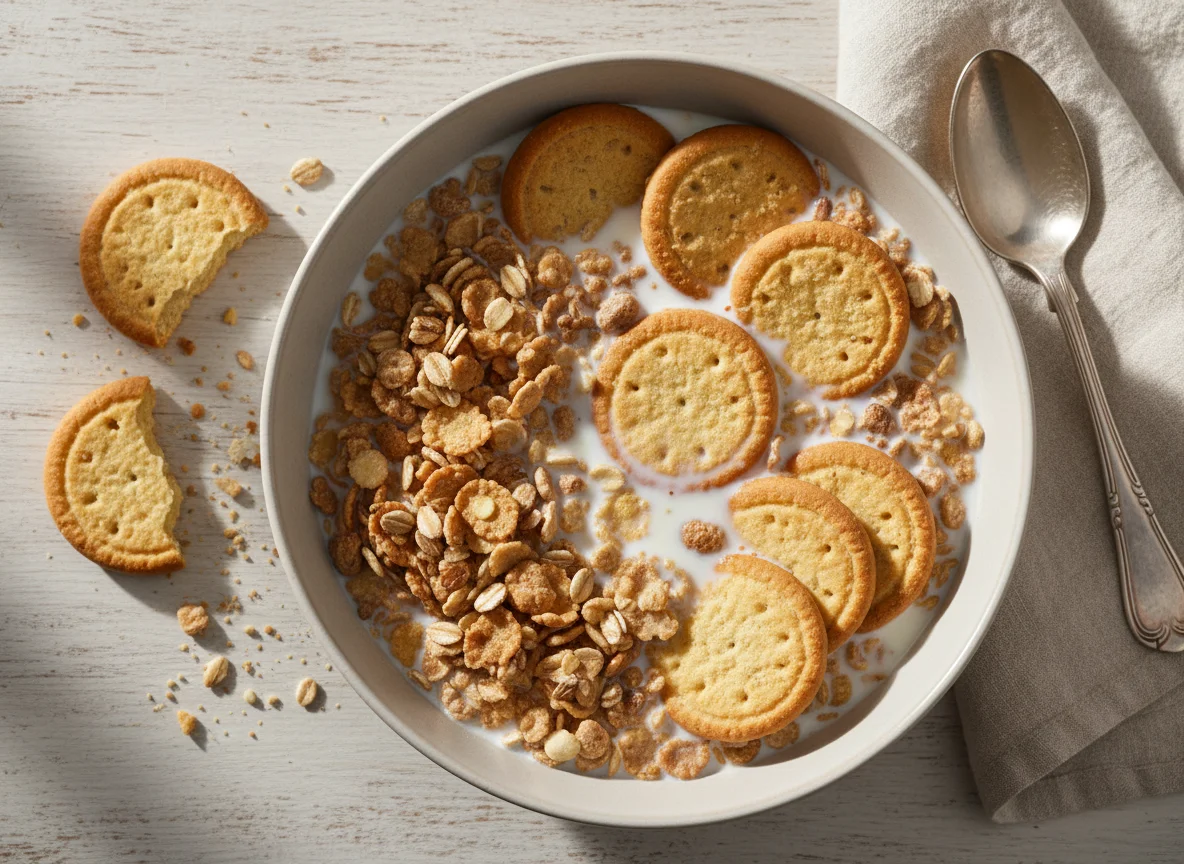 Cereais com leite e bolachas photo