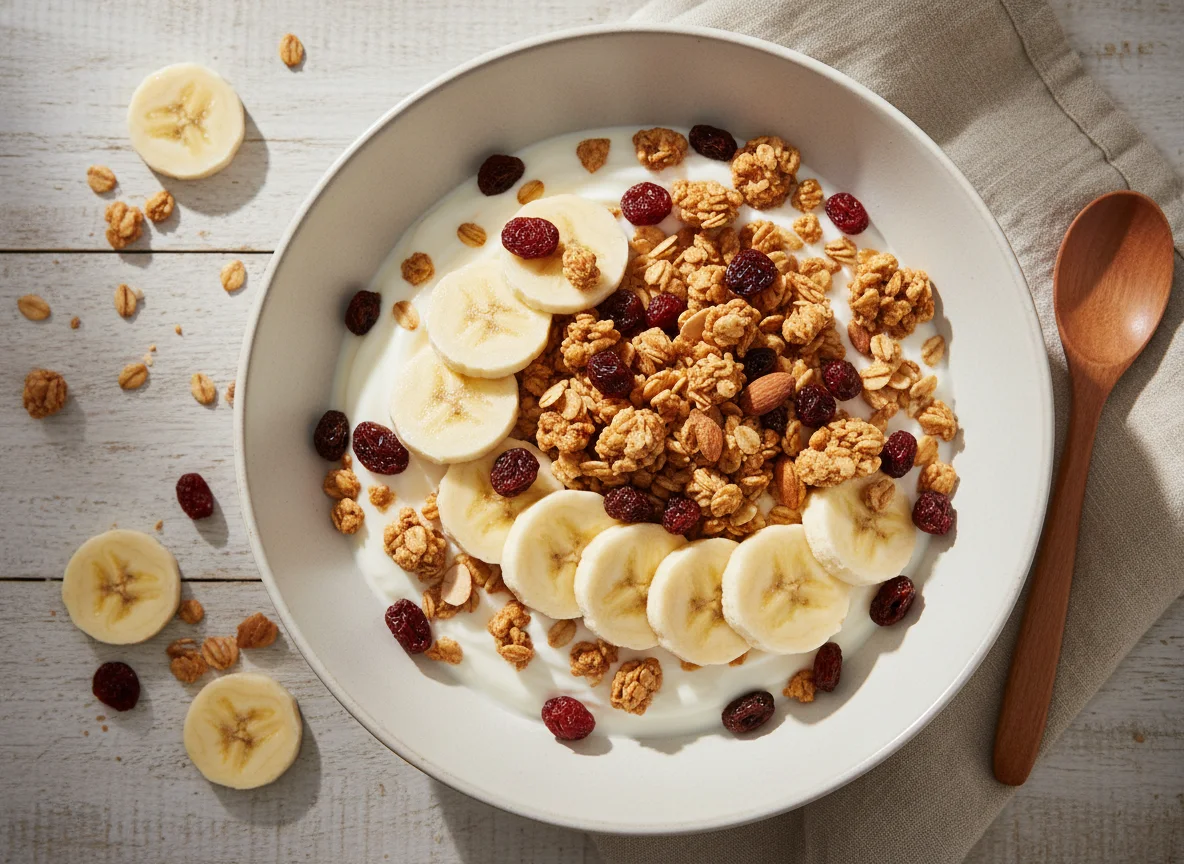 Cereal com banana, iogurte e frutas secas photo