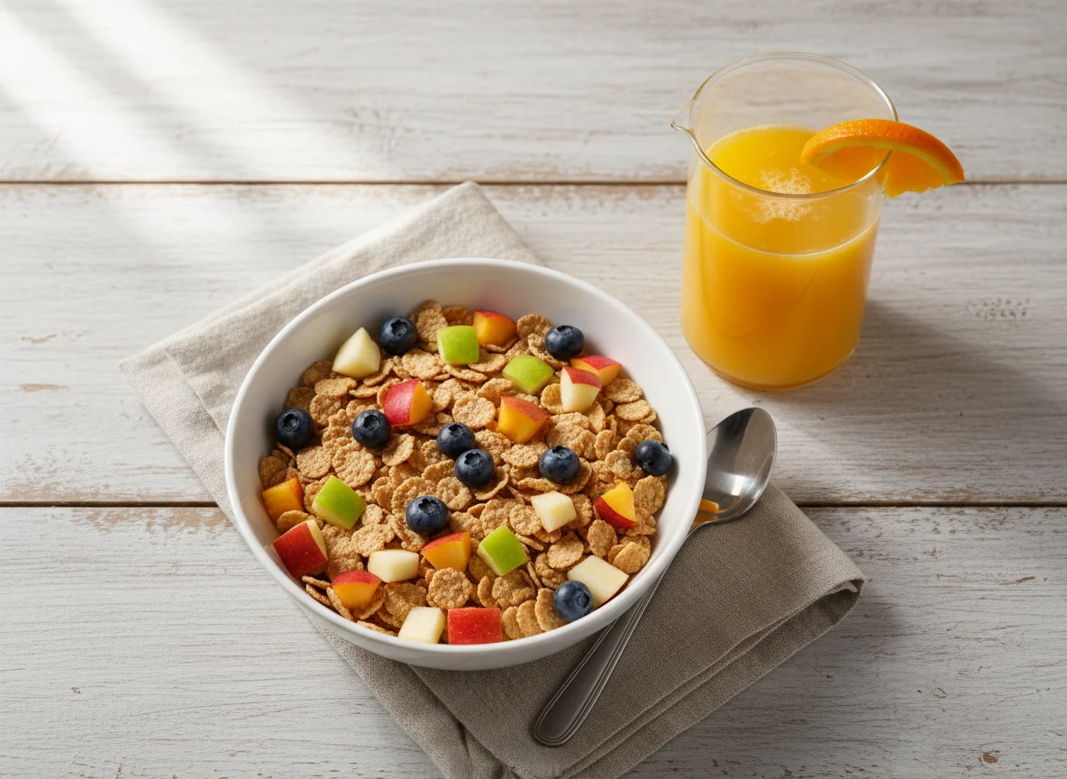 Cereal com frutas e suco de laranja photo